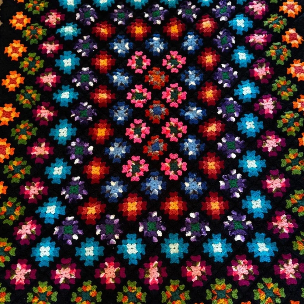 Vintage Handmade Crochet Granny Square Blanket Black Multi Color Boho Throw